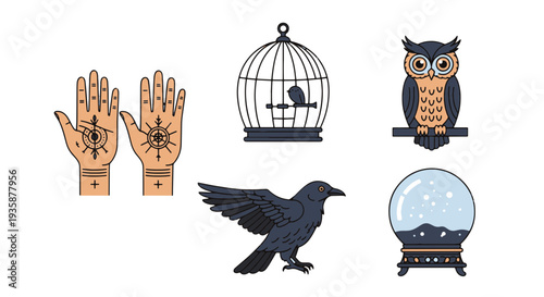 Mysterious Collection of Occult Symbols Featuring Palmistry Hands an Owl a Crow a Crystal Ball and a Bird in a Cage