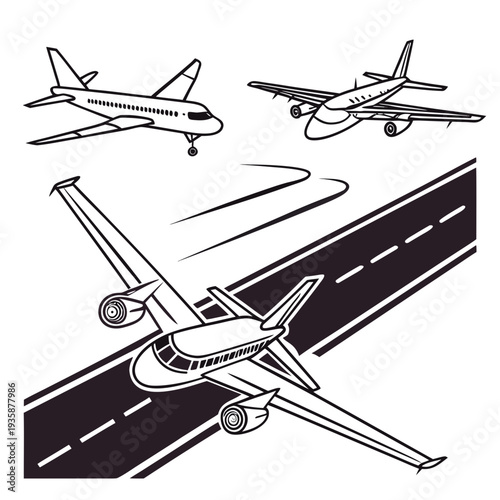 Black and white of airplanes on runway and in flight