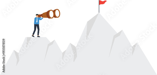 business vision, strategic planning, future opportunity, goal setting, success achievement, mountain climbing, leadership concept, searching direction, target reaching, binoculars looking, challenge o