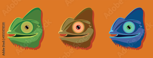 Chameleon lizards with vector set with cartoon reptile animals in three colors