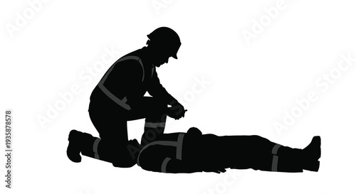 A rescuer kneels beside an injured person providing aid in a dramatic stark black silhouette high quality professional detailed