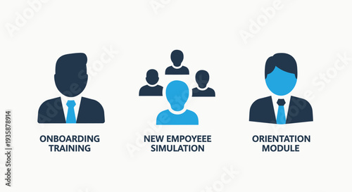 New Employee Training and Onboarding Icons: Orientation Modules, Staff Simulation, and Corporate Development Programs