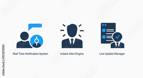 Real-Time Digital Communication Icons: Instant Alert Engine, Live Update Manager, and Notification Systems for Information Delivery