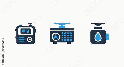 Blue and Dark Gray Water Management and Utility Icons Set for Conservation and Supply Applications.