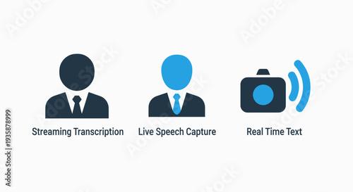 Live Streaming, Speech Recognition, and Transcription Service Icons for Audio-Visual Communication.