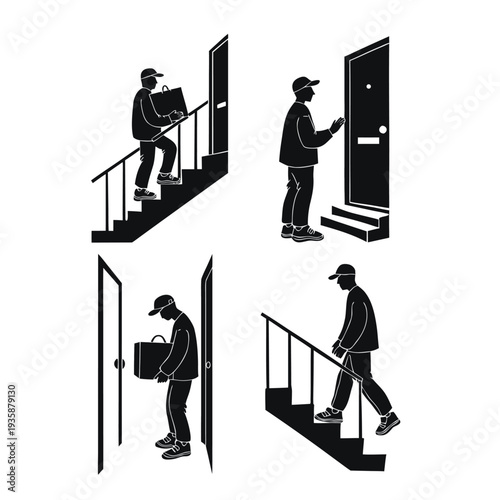 A man performing various tasks in a home environment isolated on white background, Vector