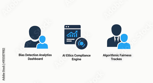 AI Ethics and Fairness Icons: Bias Detection Analysis Dashboard, AI Ethics Compliance Engine, and Algorithmic Fairness Tracker for Responsible Artificial Intelligence Development.