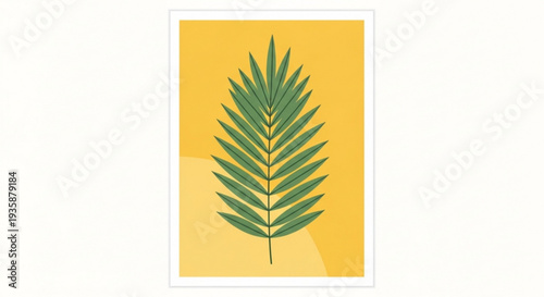 Vibrant green fern leaf on bright yellow background with white border symbolizing nature and serenity