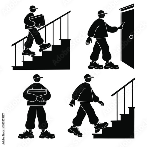 Illustrations of a person skateboarding up and down stairs and entering a building isolated on white background, Vector