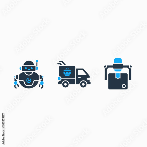 Robotics and Automated Delivery System Icons: AI Robot, Self-Driving Delivery Truck, and Robotic Arm Package Handling for Modern Logistics and Smart Warehousing.