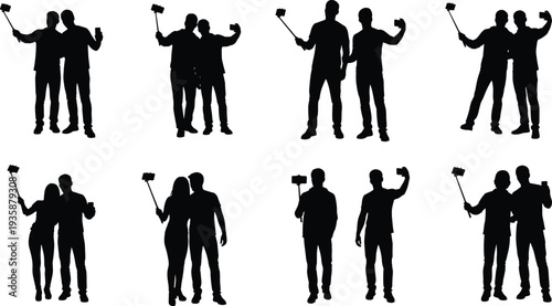 People Taking Selfie with Smartphone and Selfie Stick Silhouette Set of Friends and Couples Isolated Vector Illustration Collection