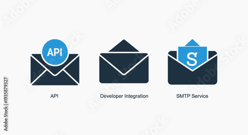 API, Developer Integration, and SMTP Service Icons for Email Programming, Backend Services, and Software Development