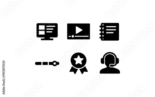 Collection of six modern flat icons representing digital services and achievements