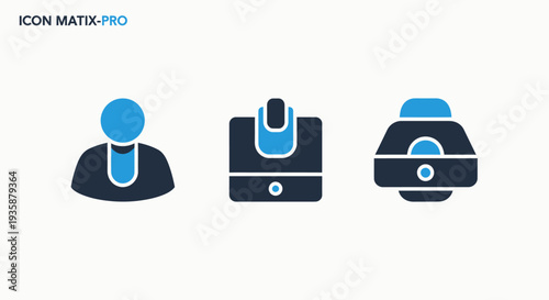 Set of Business and Office Icons: User Profile, Digital Wallet, and Printer/Scanner for Modern Technology Applications