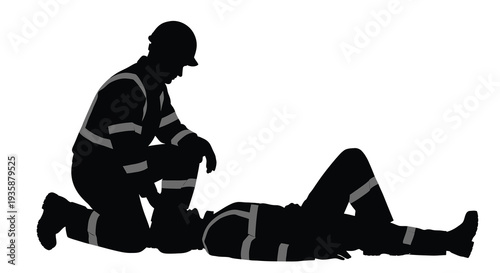 A construction worker kneels beside a fallen colleague providing aid in a stark dramatic silhouette high quality professional detailed