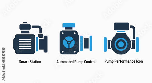 Smart Station, Automated Pump Control, and Pump Performance Icons for Industrial Systems