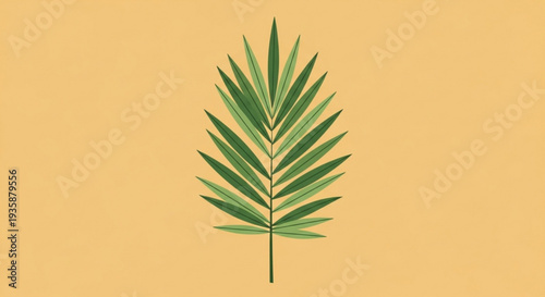 Single green palm leaf on a warm beige background symbolizing nature and serenity