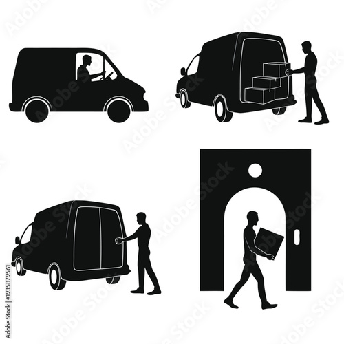 Delivery personnel loading and unloading parcels from a van isolated on white background, Vector