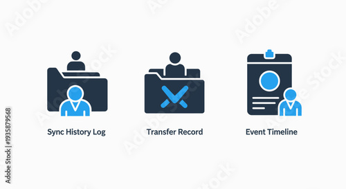 Digital Data Management and User Record Icons: Sync History Log, Transfer Records, and Event Timeline Concepts for Business Applications