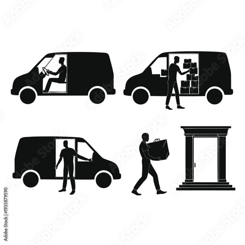 Illustration of moving and delivery services with various vehicles and people isolated on white background, Vector