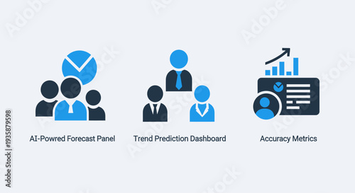 AI-Powered Business Analytics and Data Metrics Icons: Forecast Panel, Trend Prediction Dashboard, and Accuracy Measurement