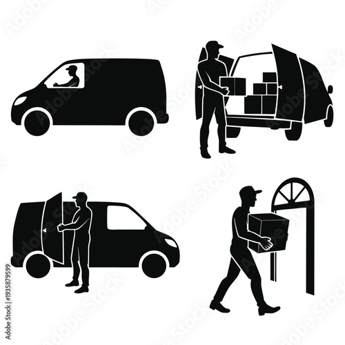 Illustration of a delivery person loading and unloading packages from a van isolated on white background, Vector