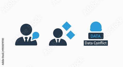 Data Conflict Vector Icons Showing Communication, Data Processing, and Information Discrepancies or Errors.
