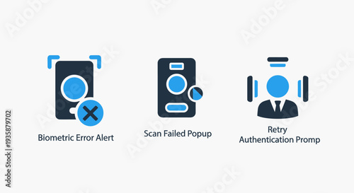 Modern Vector Icons for Biometric Error Alert, Scan Failed Popup, and Retry Authentication Prompts for Digital Security.