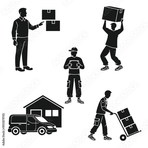 Illustration of people engaged in moving and delivery activities isolated on white background, Vector