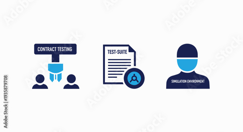 Modern Vector Icons for Contract Testing, Test Suite Execution, and Simulation Environments in Software Development.