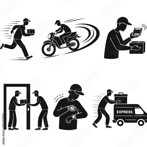 Illustrations of various delivery methods and services in black and white isolated on white background, Vector