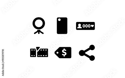 Social media icons for content creation, engagement, and commerce on a white background