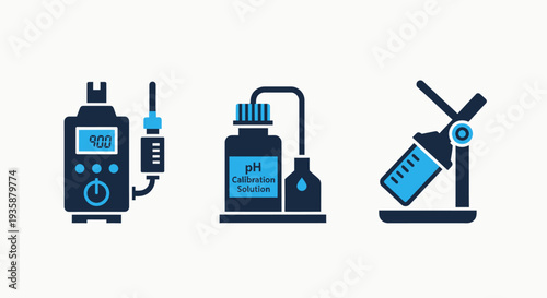 Laboratory Science and Chemistry Equipment Icons: pH Meter, Calibration Solution, and Microscope with Syringe for Research and Analysis