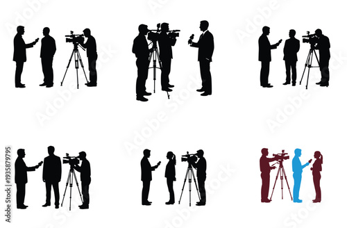 News Reporter and Cameraman Silhouette Vector Illustration Set