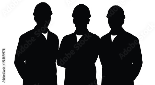 Three construction workers stand side by side their forms depicted as a striking black silhouette high quality professional detailed modern elegant