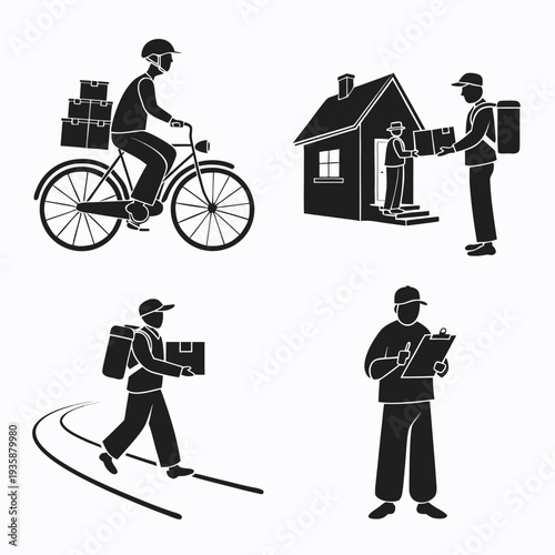 Illustration of a postal worker delivering packages and letters to a house isolated on white background, Vector