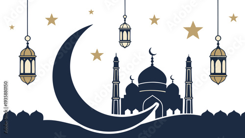 Generative AI Ramadan Kareem banner with mosque silhouette and golden lanterns