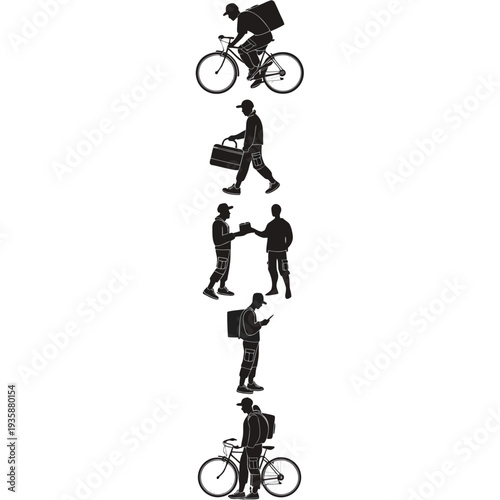 A vertical sequence of people engaged in various activities including biking and walking isolated on white background, Vector