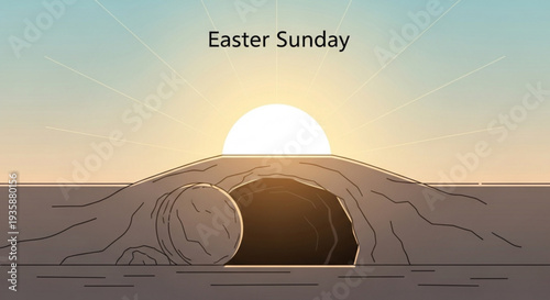 Easter sunday morning empty tomb with sunrise background symbolizing hope and resurrection
