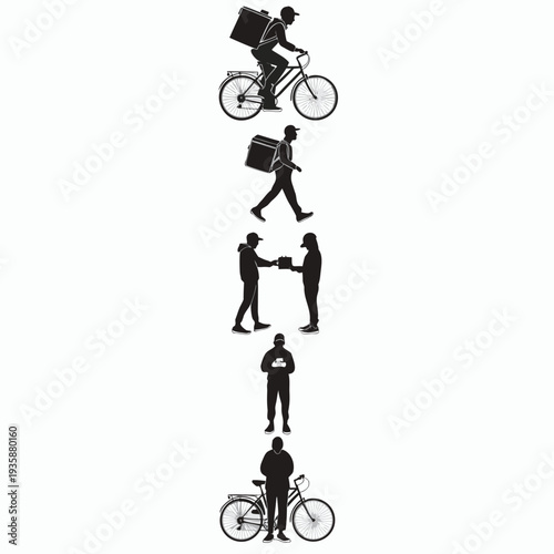 A sequence of silhouettes depicting various modes of transportation and activities isolated on white background, Vector