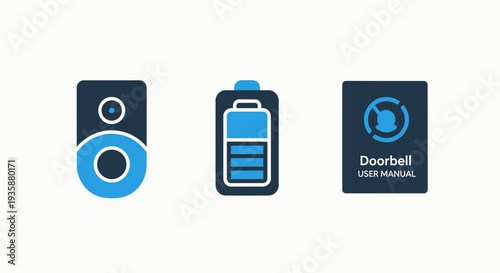 Smart Home Security Doorbell Icons with Battery Life Indicator and User Manual Documentation Symbol