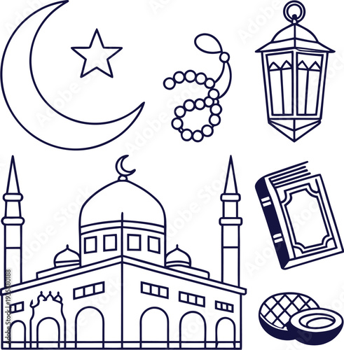 Generative AI Islamic Ramadan outline icons set with mosque Quran and lantern