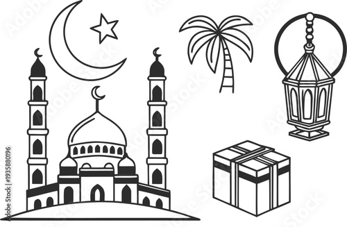 Generative AI Islamic Ramadan and Eid celebration elements with mosque and gift box