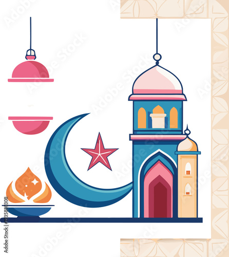 Generative AI colorful Islamic mosque with crescent moon and lanterns illustration
