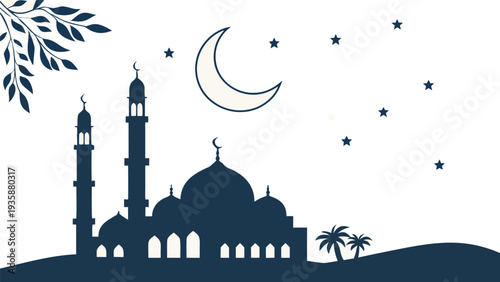 Generative AI Islamic mosque silhouette with crescent moon and stars night landscape