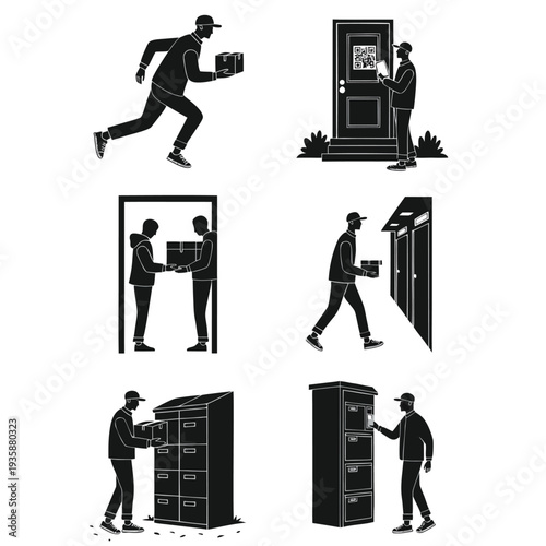 A visual representation of various moving and delivery scenarios involving individuals and packages. isolated on white background, Vector