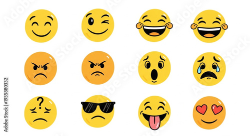 Collection of Diverse Emoji Faces Expressing Various Emotions.