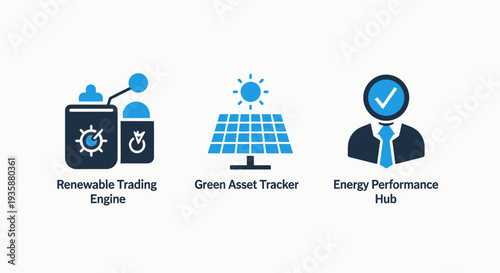 Renewable Trading Engine and Green Asset Tracker Icons for Sustainable Energy Management