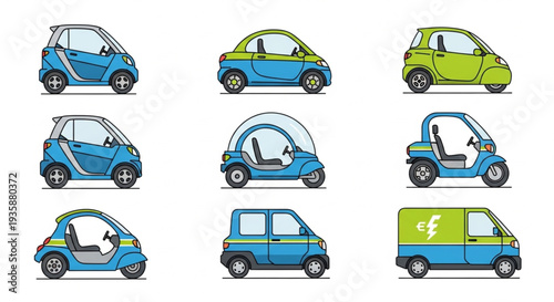 Collection of diverse electric vehicles and compact cars.
