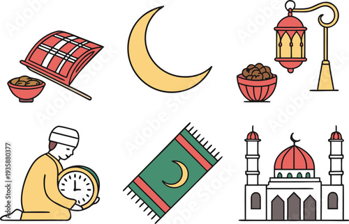 Generative AI Ramadan Kareem and Islamic lifestyle flat illustration set